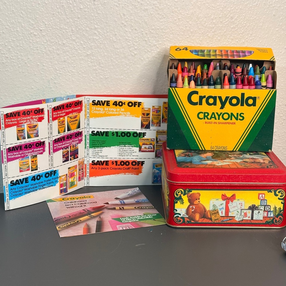 Crayola 64 Crayons & Tin Kids Excellent 1992 Vintage Holiday Collector Set